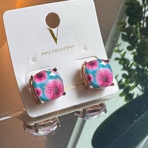 Fox Pink Floral Cushion Stud Earrings with Teal Background